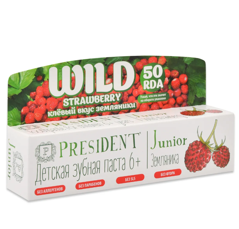 President junior wild strawberry 6-12 зубная паста со вкусом земляники без фтора 50мл