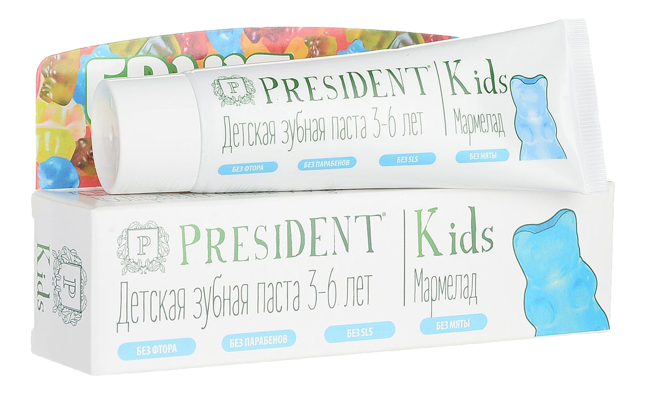 President kids fruit jelly 3-6 зубная паста со вкусом мармелада без фтора 50мл